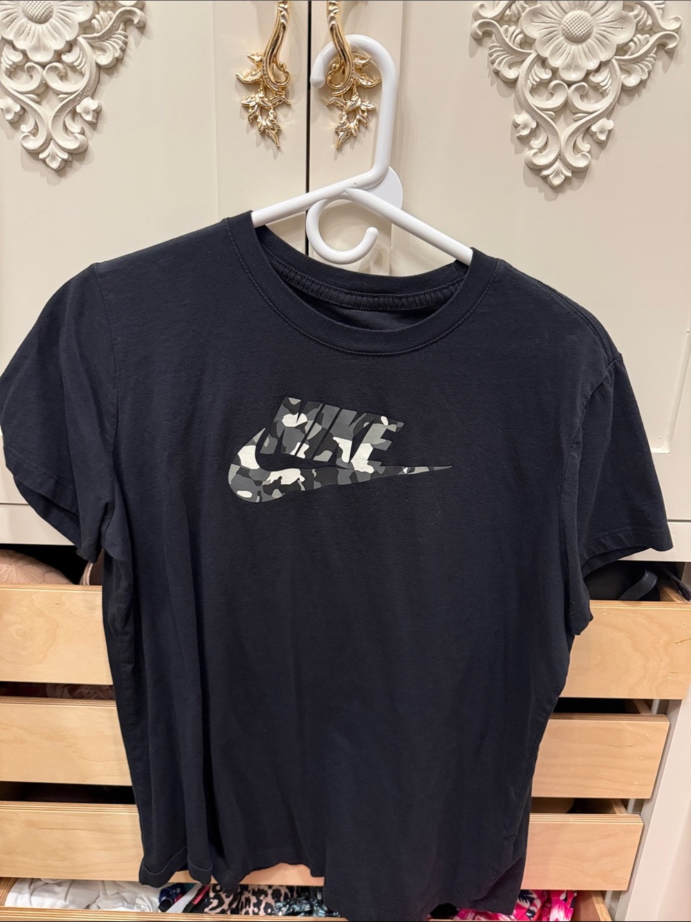Nike Black Short Sleeve Tee with Gray Camo Swoosh Logo